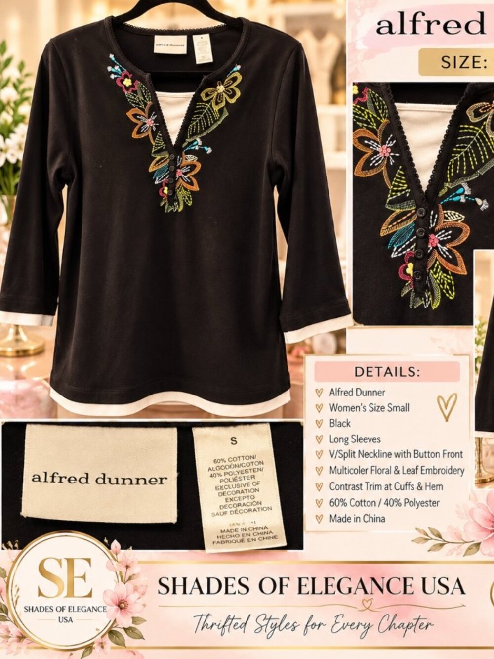 Alfred Dunner Black Embroidered Floral Henley Top – Size Small
